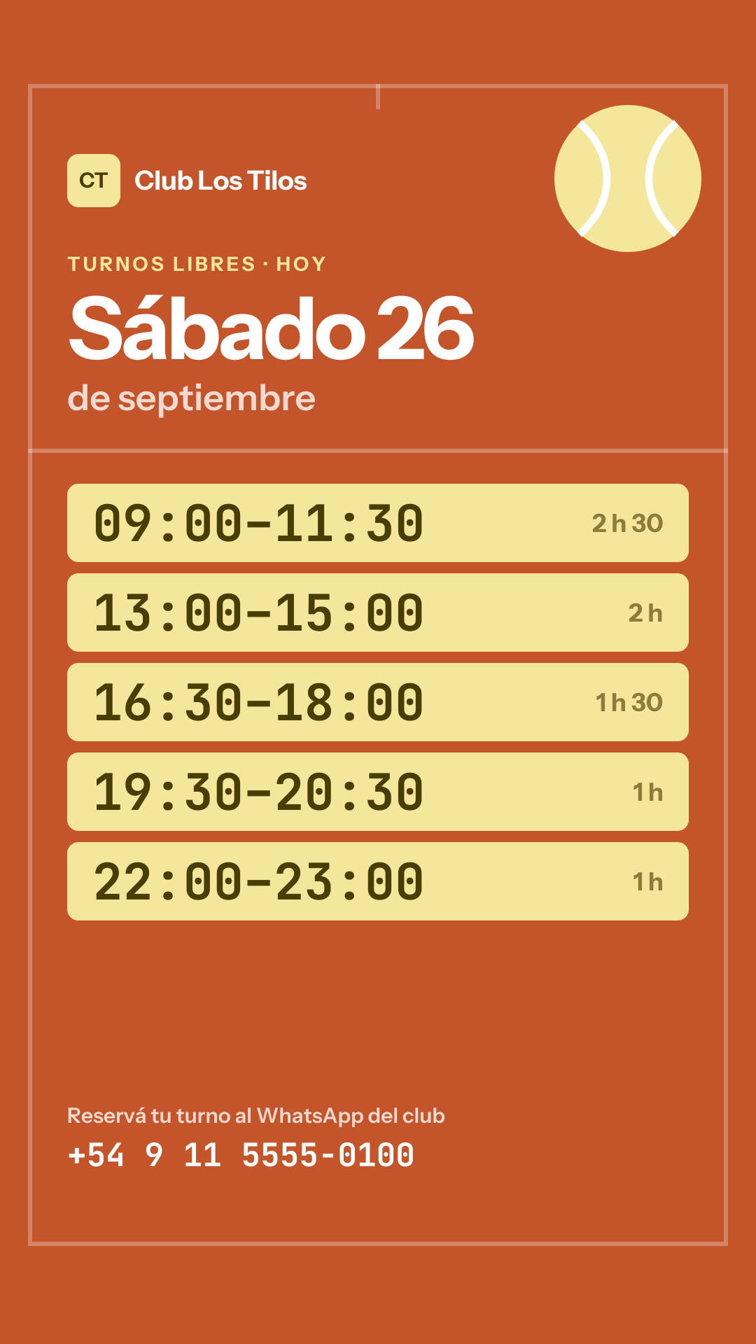 Story de Instagram de ejemplo: turnos libres del sábado 26 de septiembre en Club Los Tilos